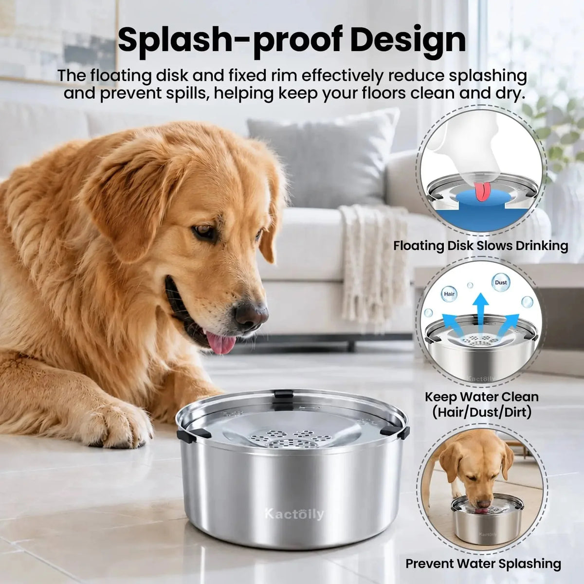 Kactoily Stainless Steel Slow Drinking Dog Water Bowl