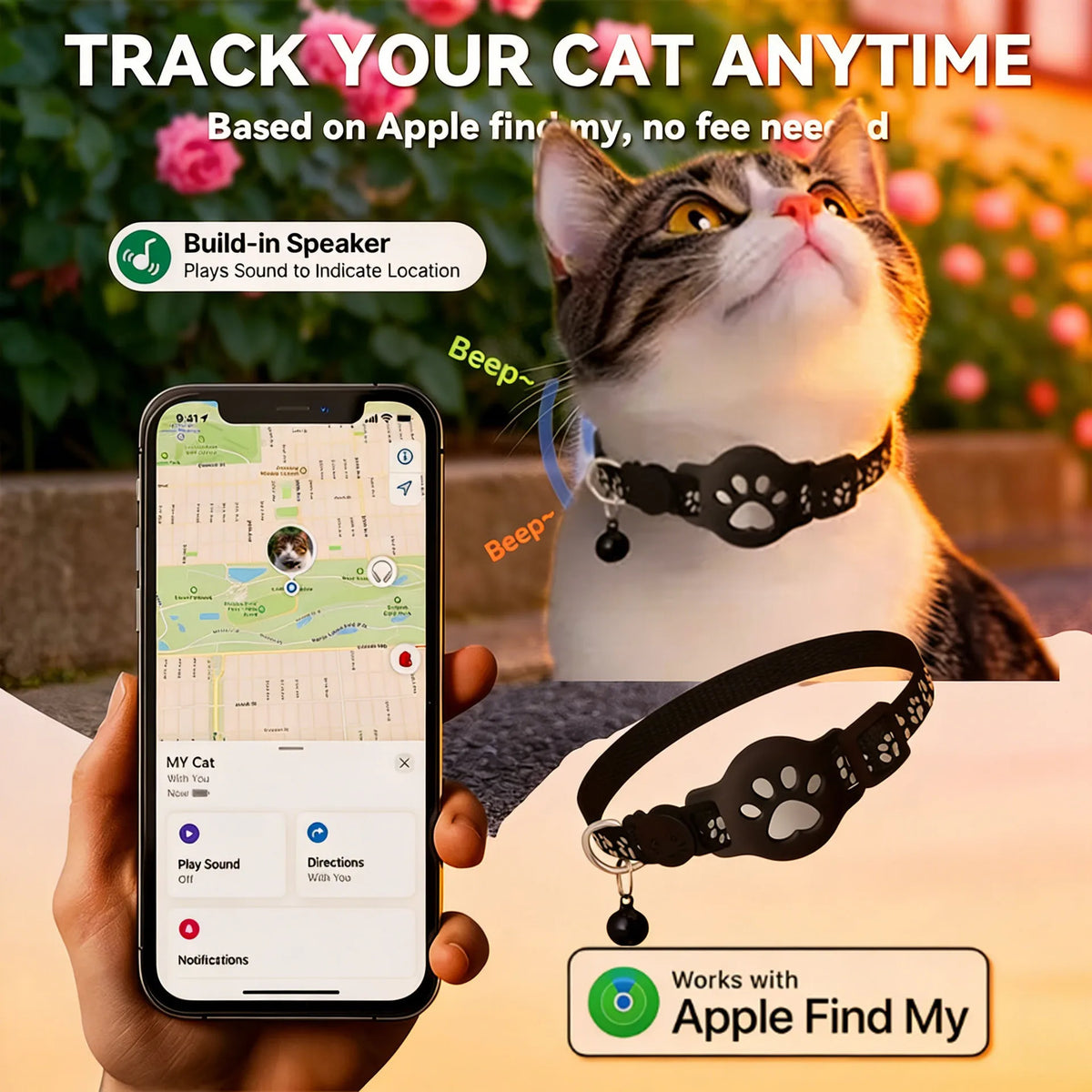 Reflective Breakaway Cat Collar With Paw Design Waterproof Anti-Lost