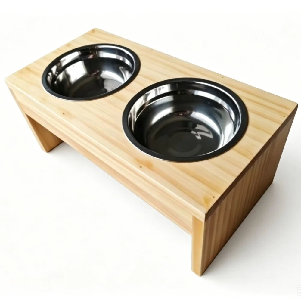 Wooden Elevated Dog Bowls Raised Stainless Steel Feeder