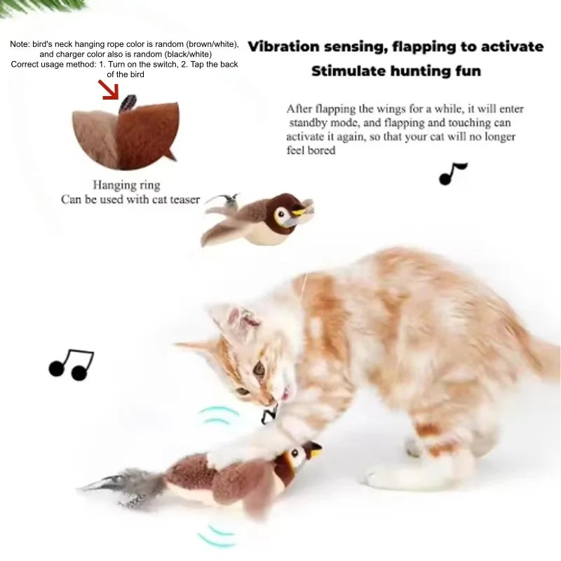 Interactive Touch Activated Bird Cat Toy Chirping Flapping Plush Pet