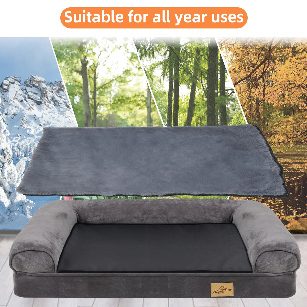 Bingopaw Orthopedic Bolster Dog Bed Waterproof Removable Cover Non Slip