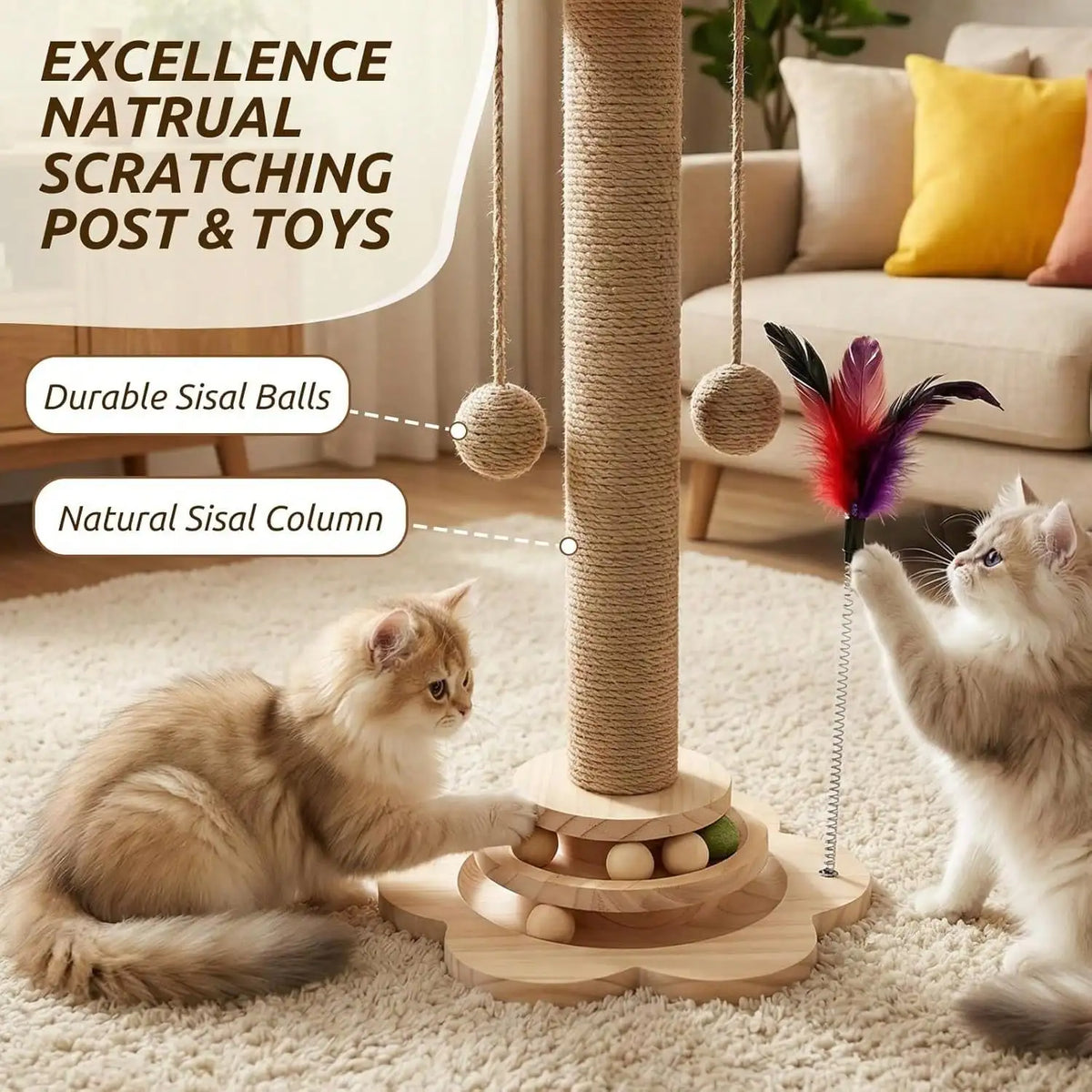 Indoor Interactive Bamboo Cat Scratching Post With Ball Tracks
