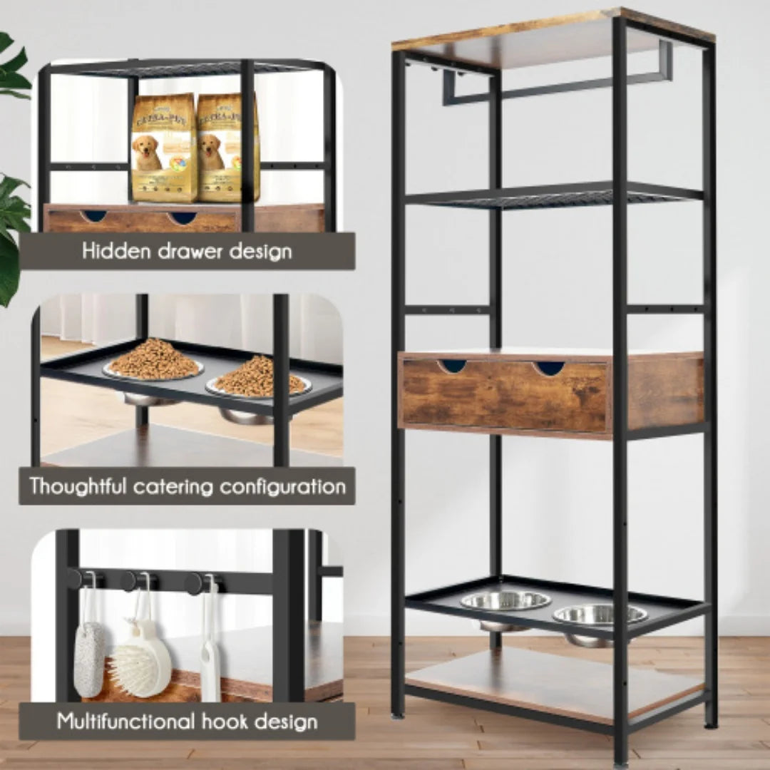 Elevated Dog Feeding Station With Storage Drawers And Shelves