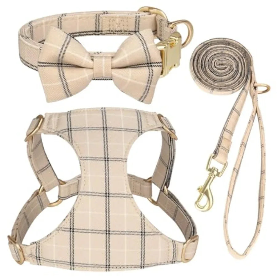 Adjustable Plaid Dog Harness With Collar And Leash Set