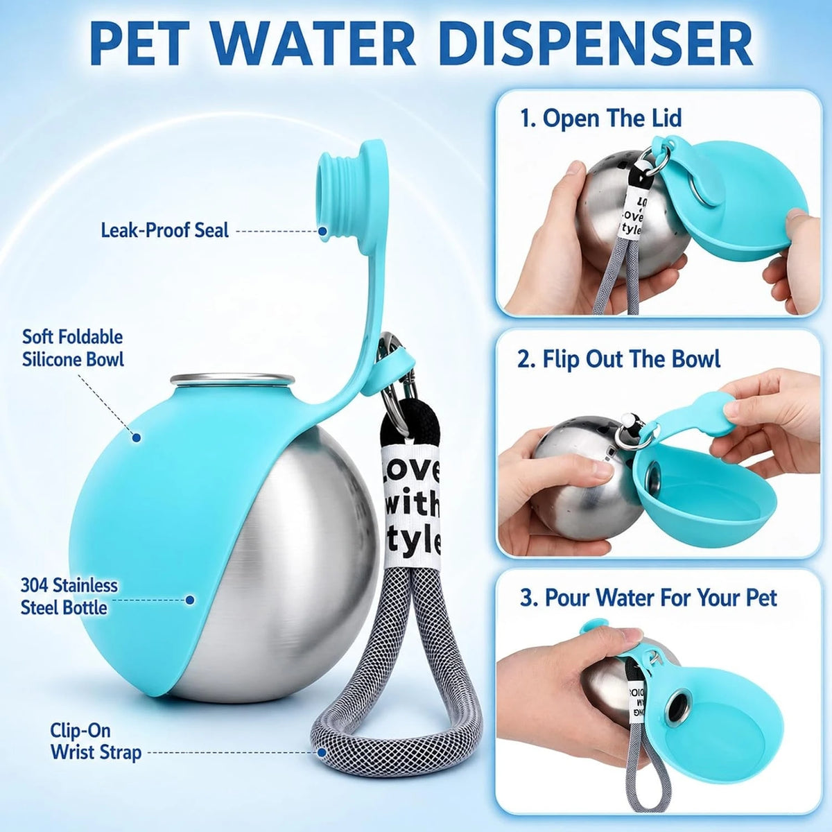 Foldable Stainless Steel Pet Water Dispenser Leak Proof Travel Cup
