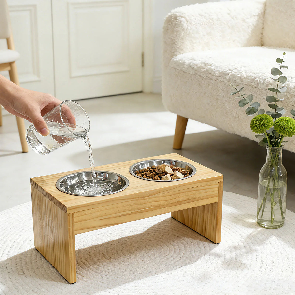 Wooden Elevated Dog Bowls Raised Stainless Steel Feeder
