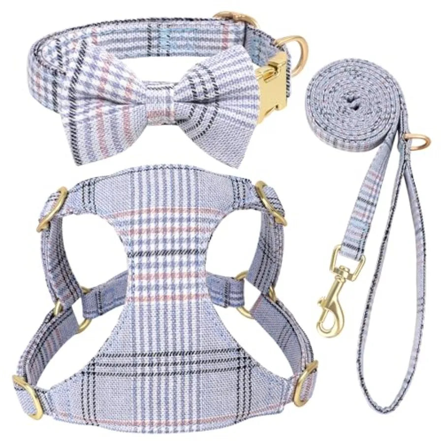 Adjustable Plaid Dog Harness With Collar And Leash Set