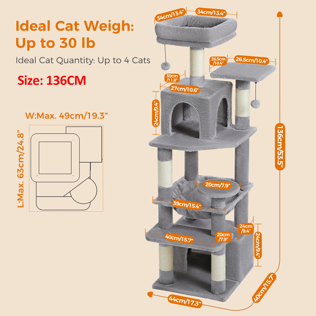 PAWZ Road Indoor Cat Tree Tower With Hammock And Scratch Posts