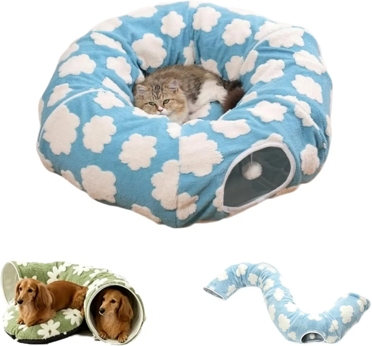 Flower Design Plush Foldable Dachshund Tunnel Dog Bed