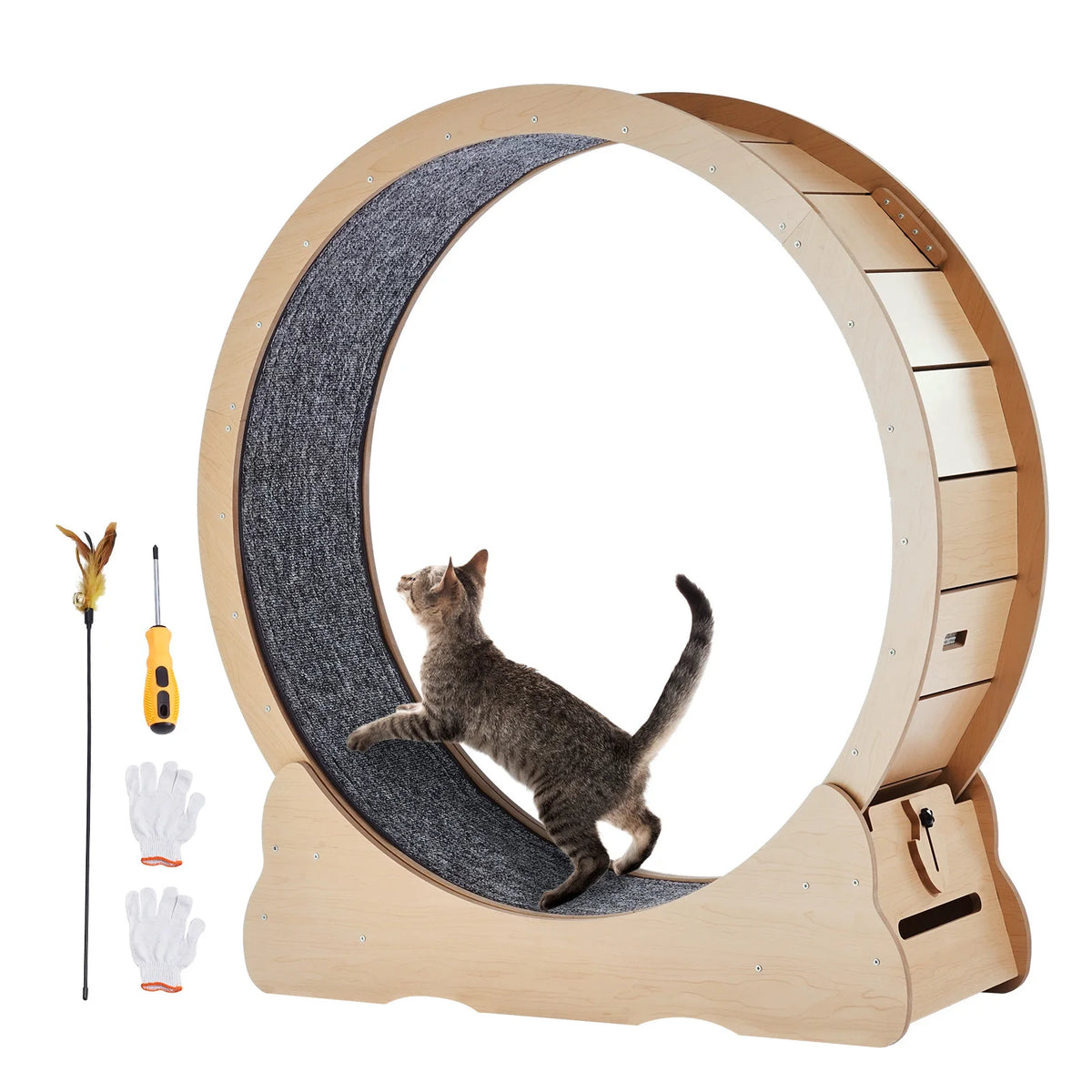 Wooden Cat Exercise Wheel With Detachable Carpet And Interactive Teaser