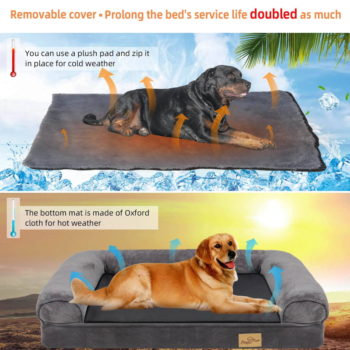Bingopaw Orthopedic Bolster Dog Bed Waterproof Removable Cover Non Slip