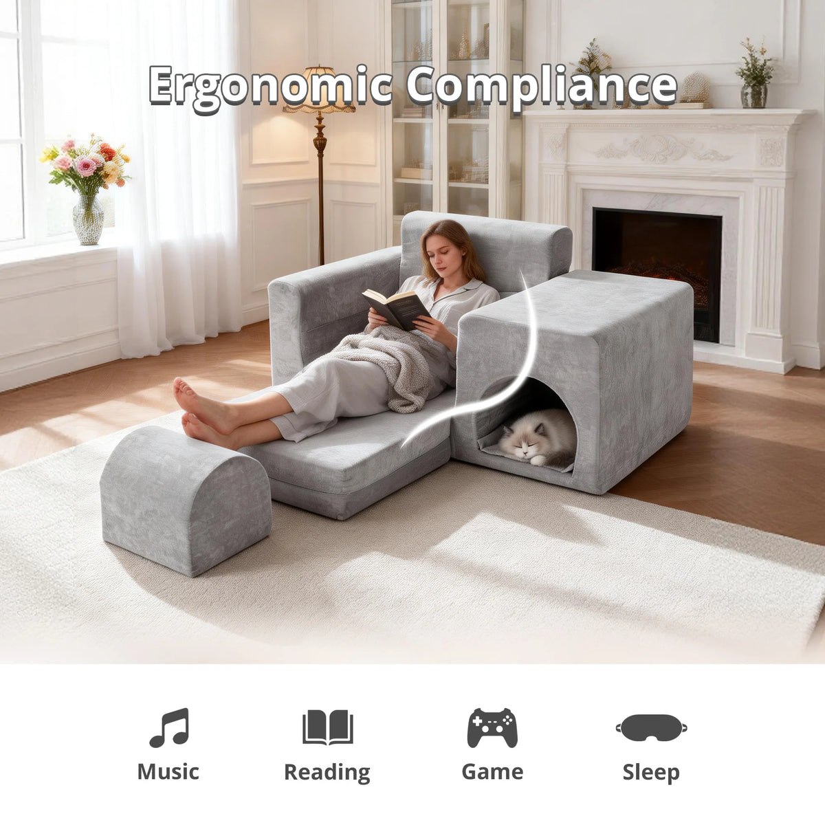 Multifunctional Sofa Bed With Ottoman And Easy Clean Fabric