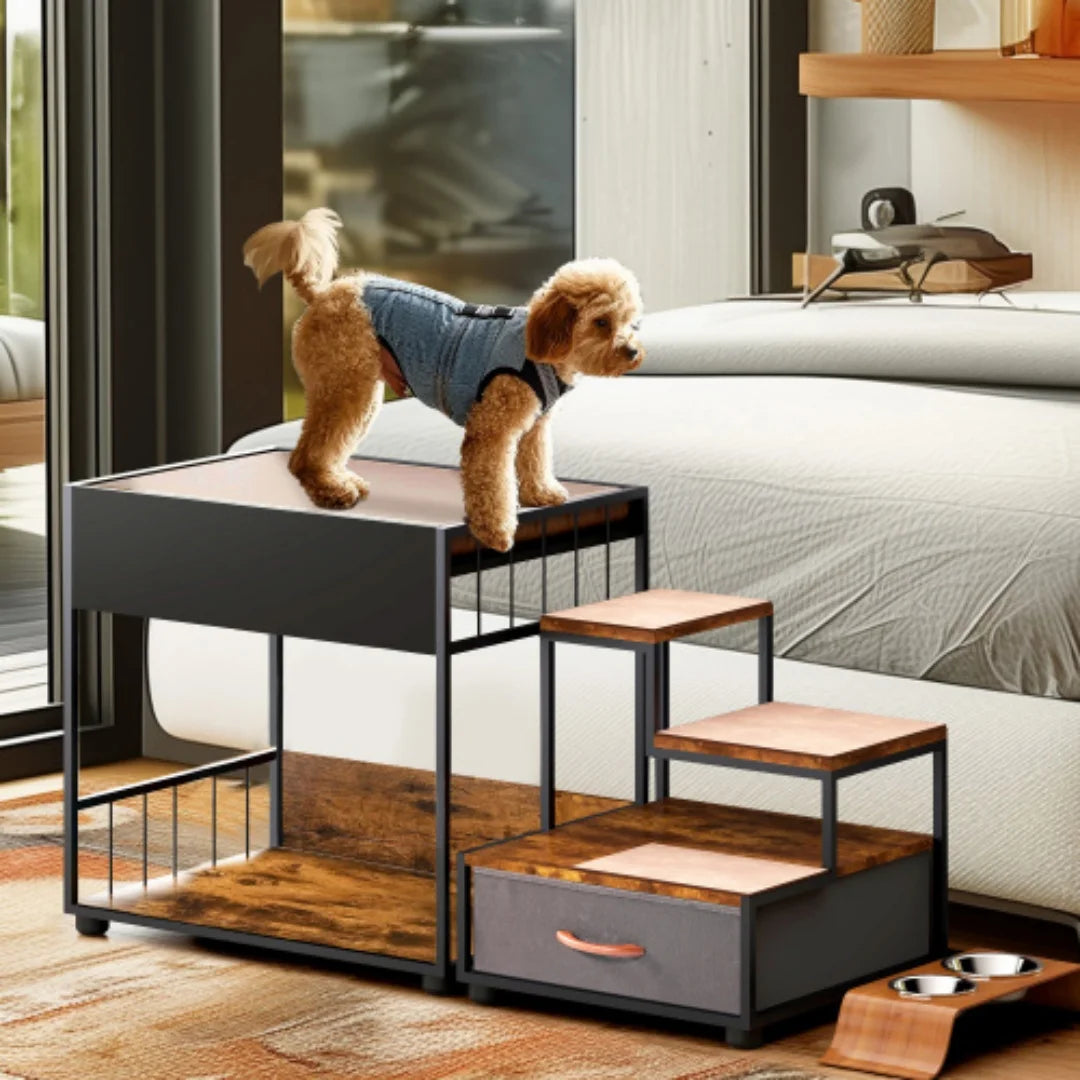 Elevated Multi Level Dog Bunk Bed With Vintage Wood Stairs