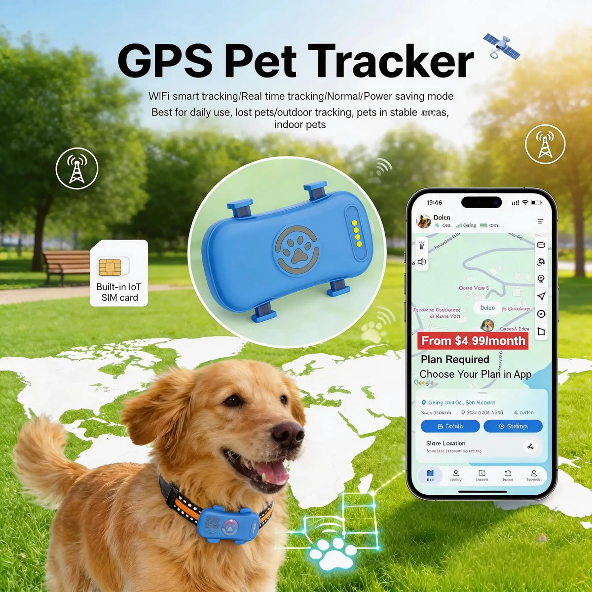 WANWAYTECH 4G GPS Pet Tracker for Dogs and Cats Waterproof Tracking