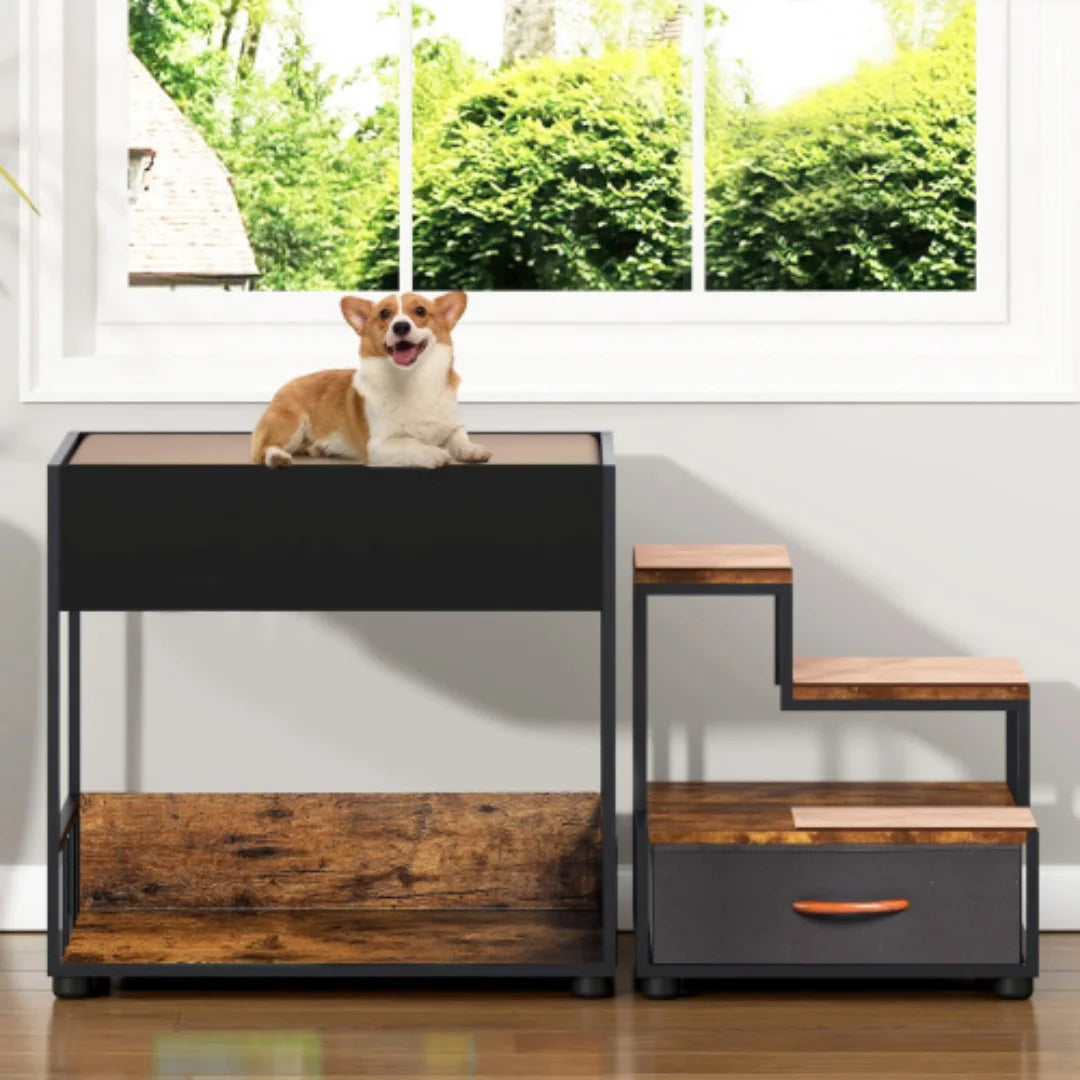Elevated Multi Level Dog Bunk Bed With Vintage Wood Stairs