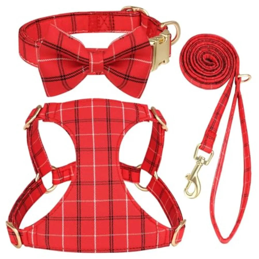 Adjustable Plaid Dog Harness With Collar And Leash Set