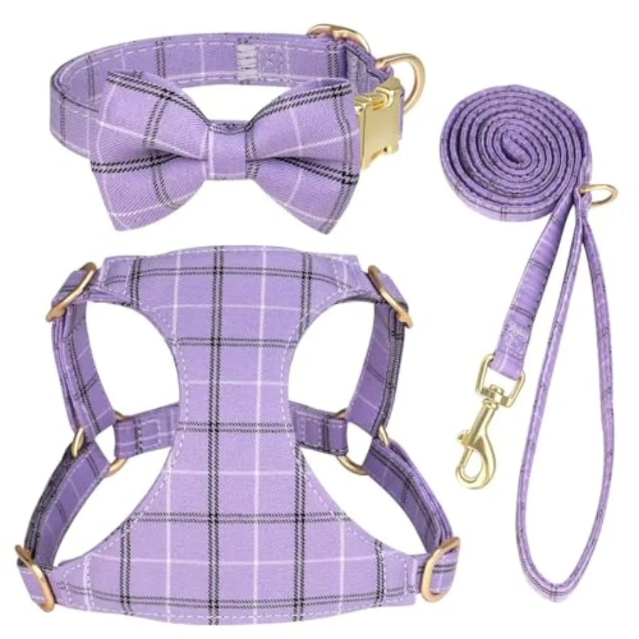 Adjustable Plaid Dog Harness With Collar And Leash Set