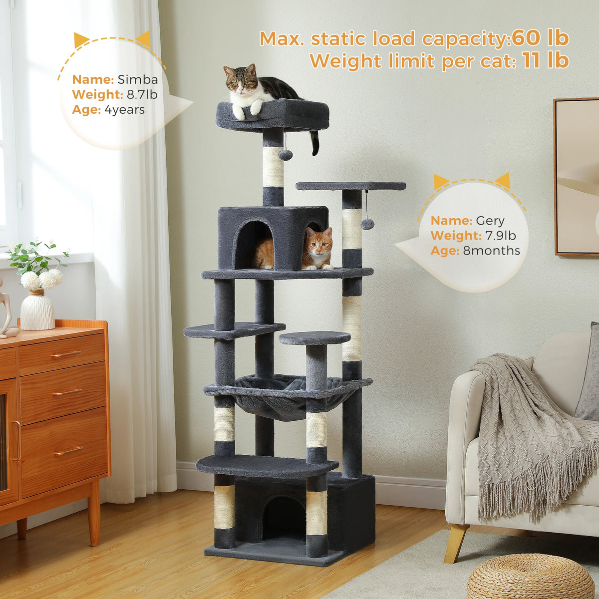 PAWZ Road Indoor Cat Tree Tower With Hammock And Scratch Posts
