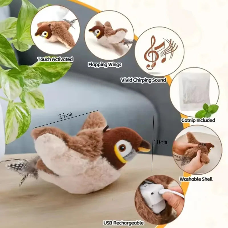 Interactive Touch Activated Bird Cat Toy Chirping Flapping Plush Pet