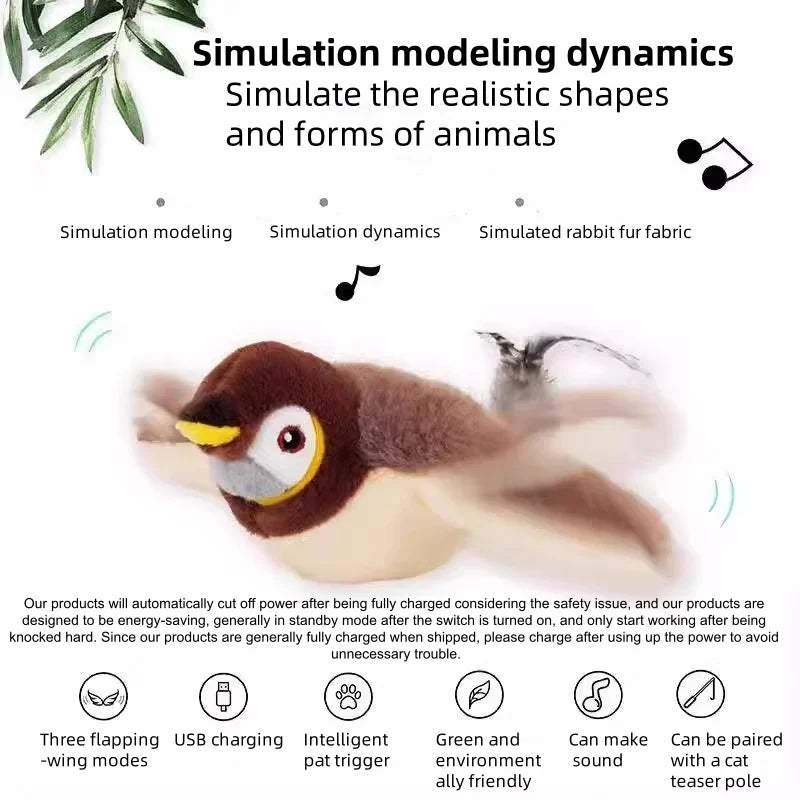 Interactive Touch Activated Bird Cat Toy Chirping Flapping Plush Pet