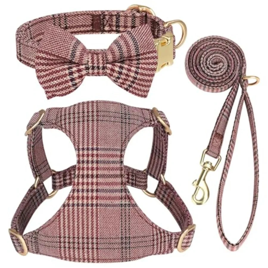 Adjustable Plaid Dog Harness With Collar And Leash Set
