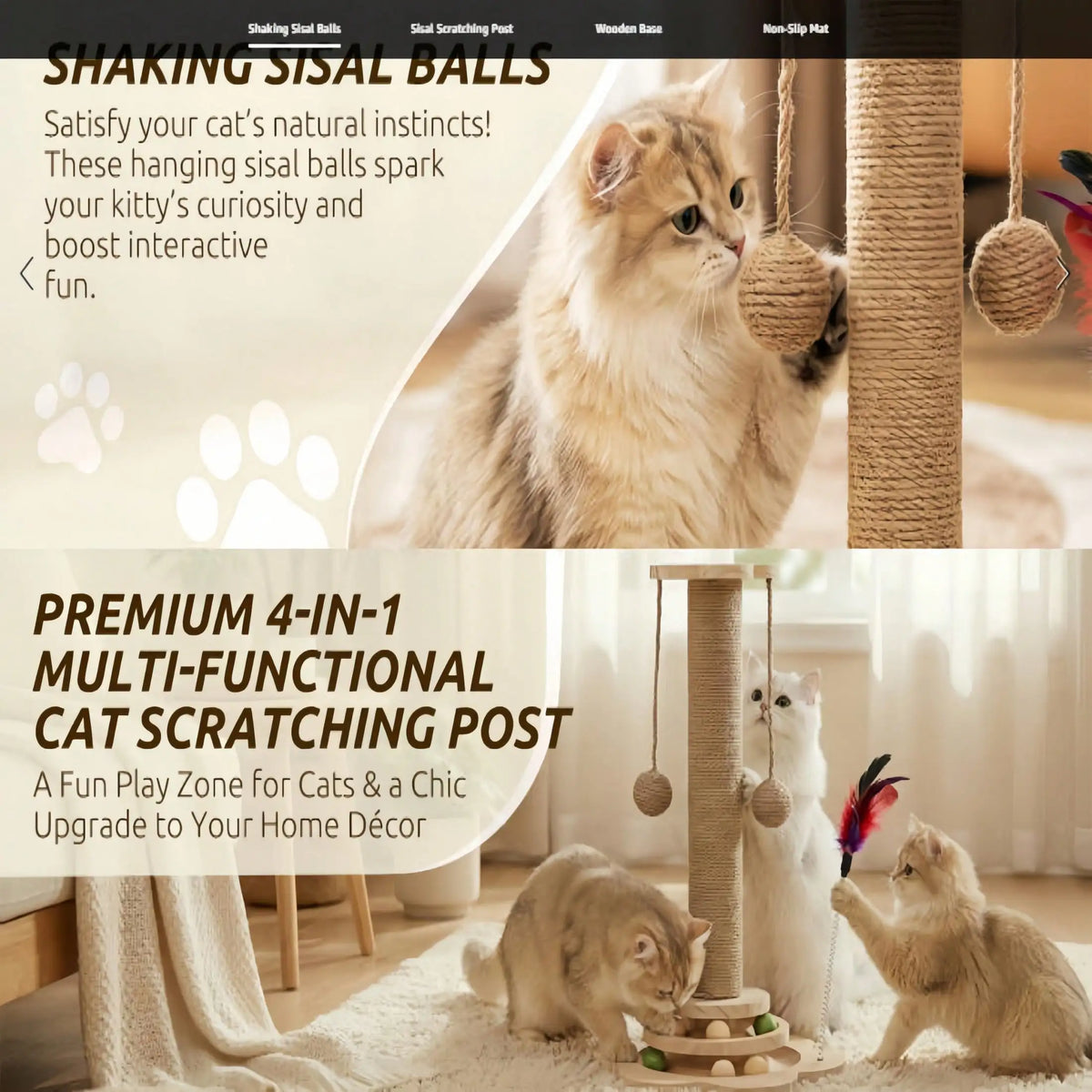 Indoor Interactive Bamboo Cat Scratching Post With Ball Tracks