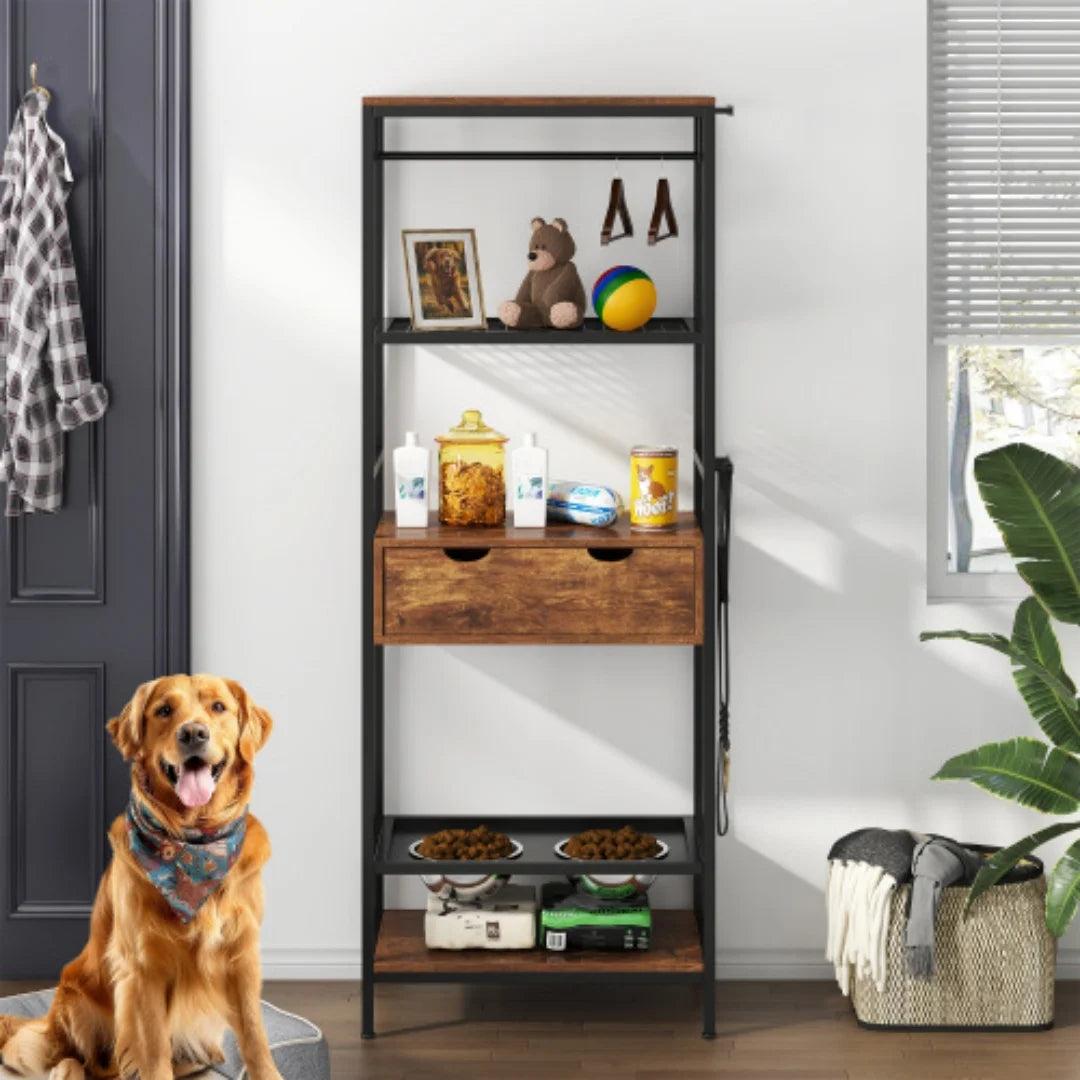 Elevated Dog Feeding Station With Storage Drawers And Shelves