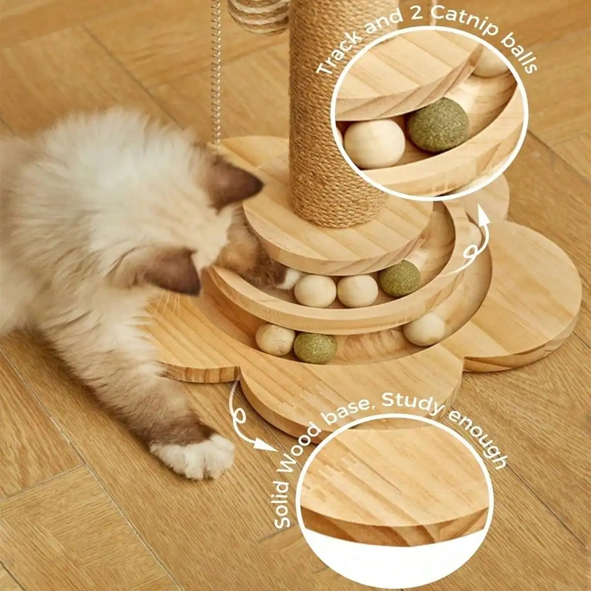 Indoor Interactive Bamboo Cat Scratching Post With Ball Tracks