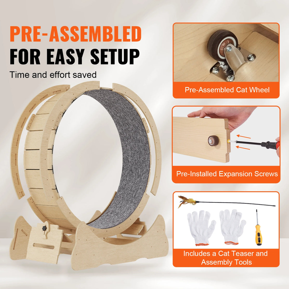 Wooden Cat Exercise Wheel With Detachable Carpet And Interactive Teaser