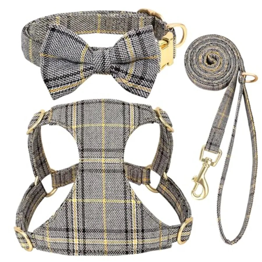 Adjustable Plaid Dog Harness With Collar And Leash Set