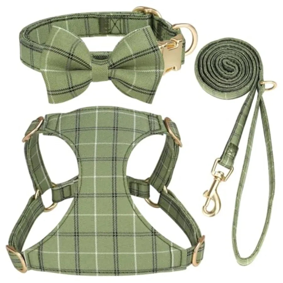 Adjustable Plaid Dog Harness With Collar And Leash Set