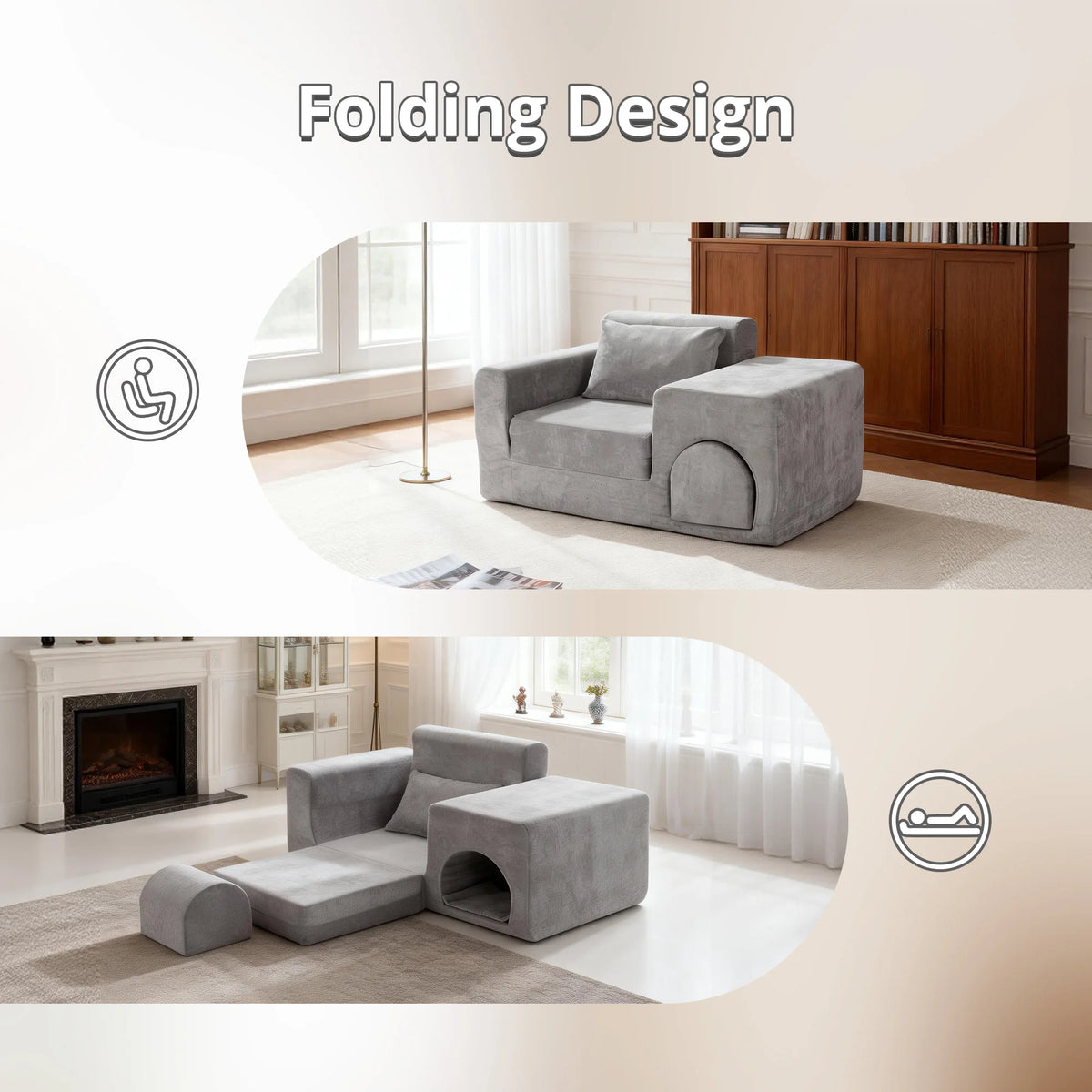Multifunctional Sofa Bed With Ottoman And Easy Clean Fabric