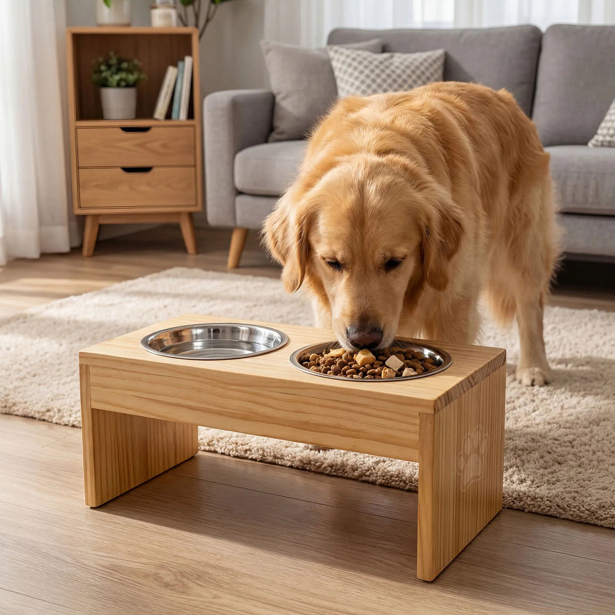 Wooden Elevated Dog Bowls Raised Stainless Steel Feeder