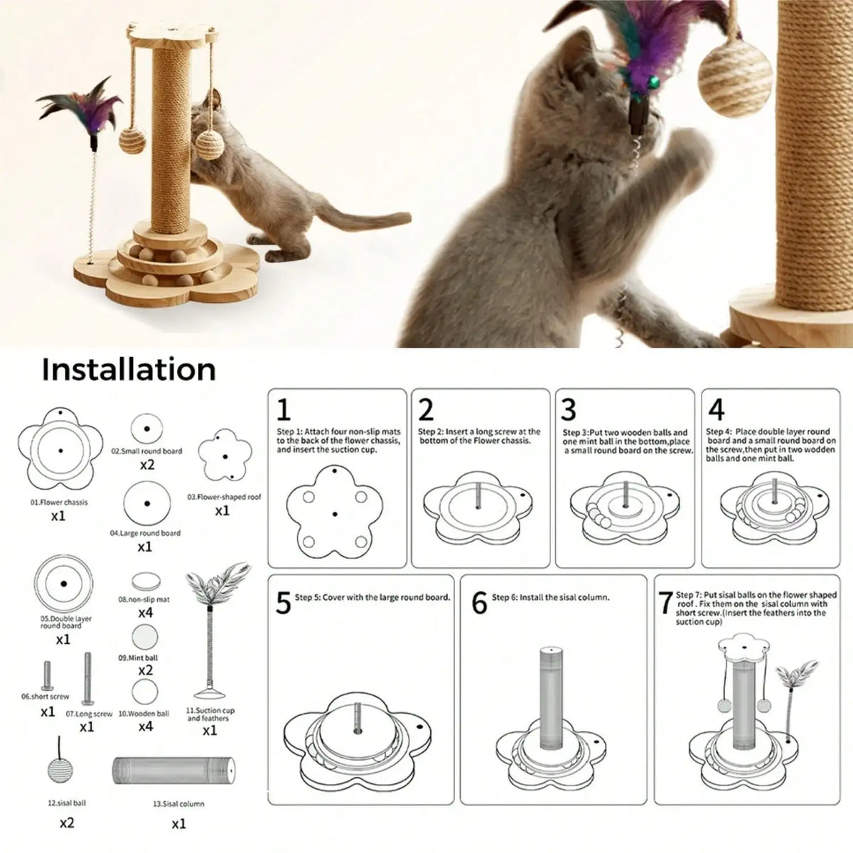 Indoor Interactive Bamboo Cat Scratching Post With Ball Tracks