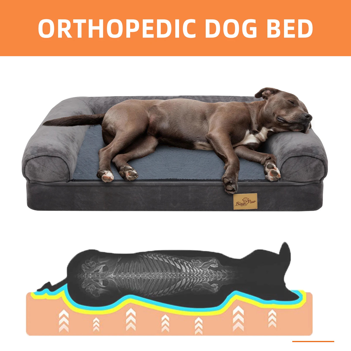 Bingopaw Orthopedic Bolster Dog Bed Waterproof Removable Cover Non Slip