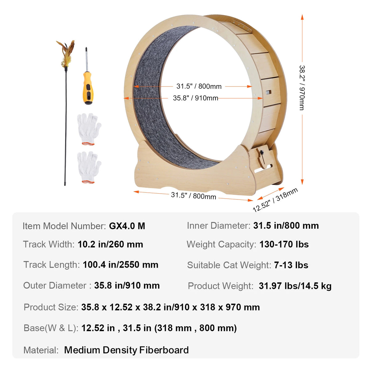 Wooden Cat Exercise Wheel With Detachable Carpet And Interactive Teaser