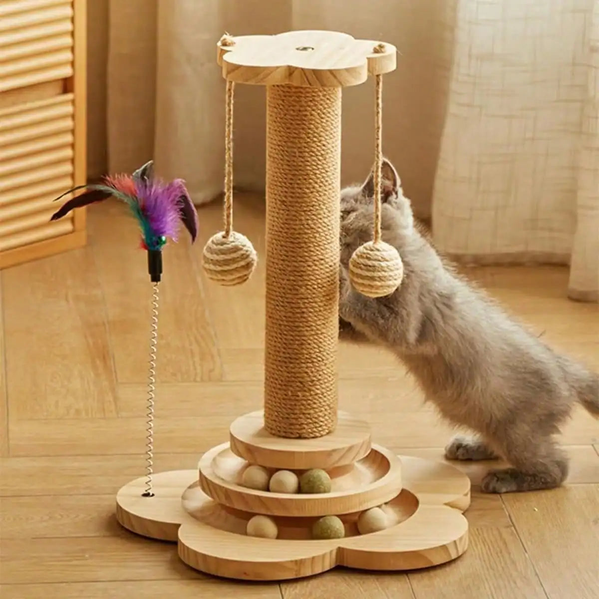 Indoor Interactive Bamboo Cat Scratching Post With Ball Tracks