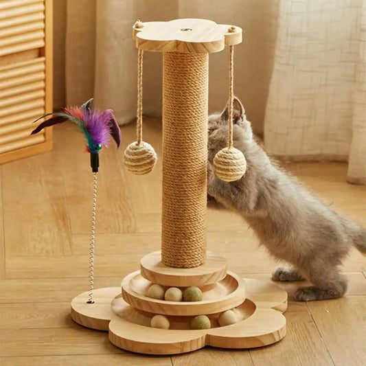 Indoor Interactive Bamboo Cat Scratching Post With Ball Tracks