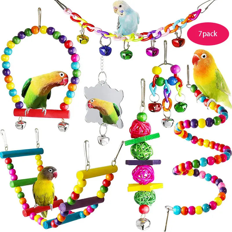 Wood Parrot Cage Toy Set With Swing Bridge And Bells