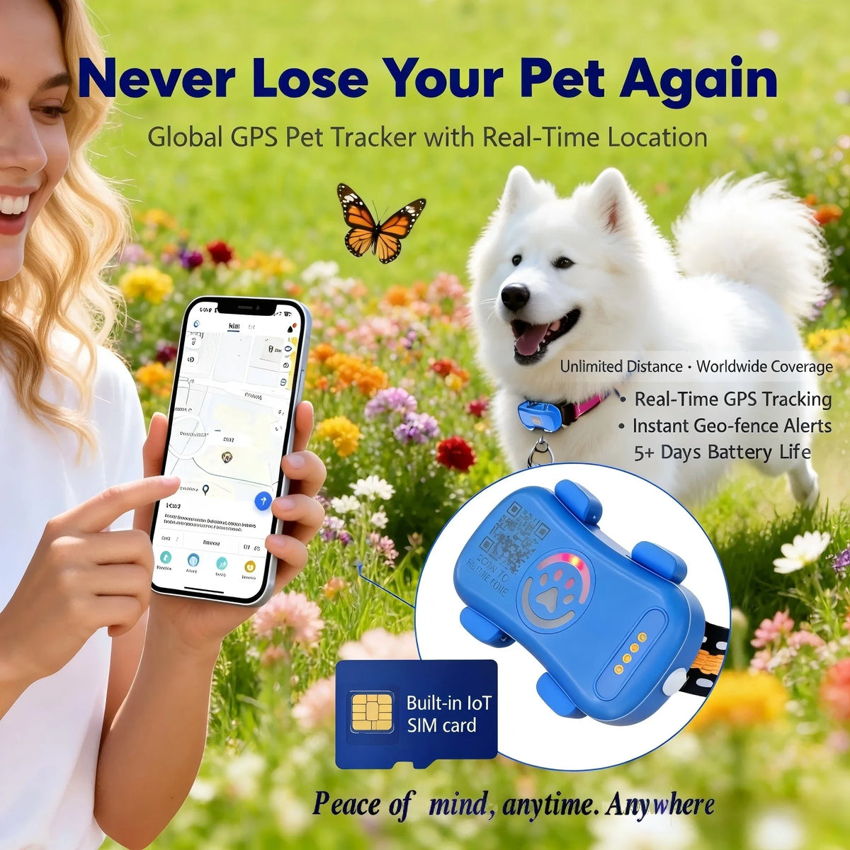 Wanwaytech 4G LTE GPS Pet Tracker Dogs Cats QR Locator