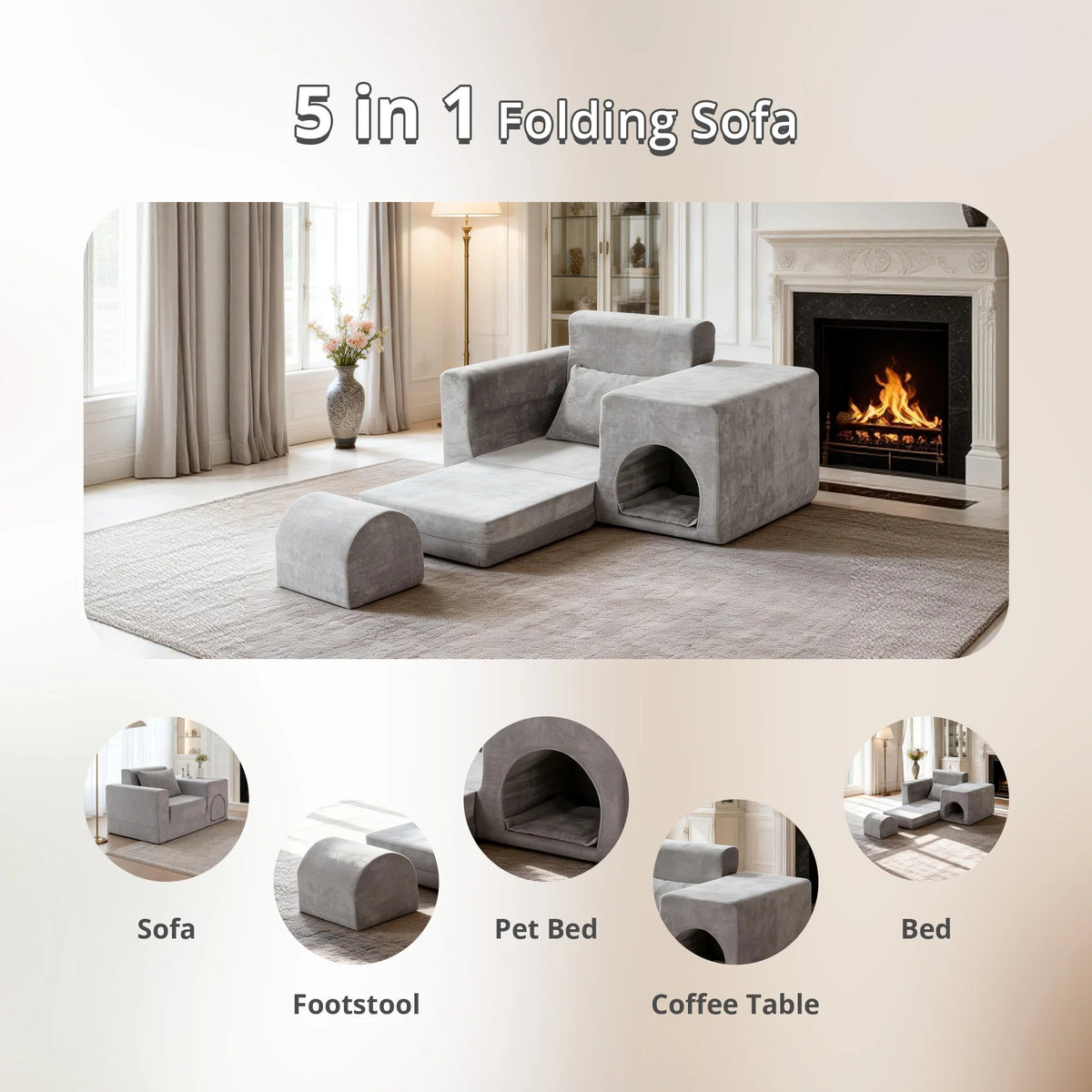 Multifunctional Sofa Bed With Ottoman And Easy Clean Fabric