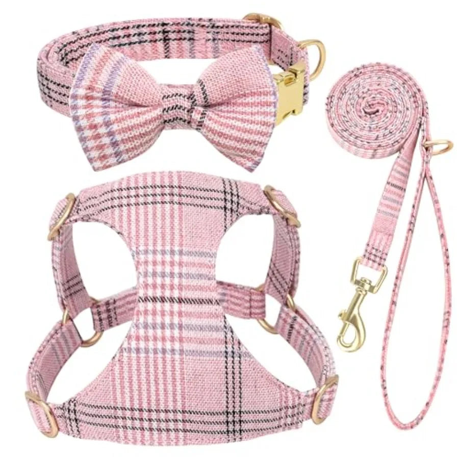 Adjustable Plaid Dog Harness With Collar And Leash Set