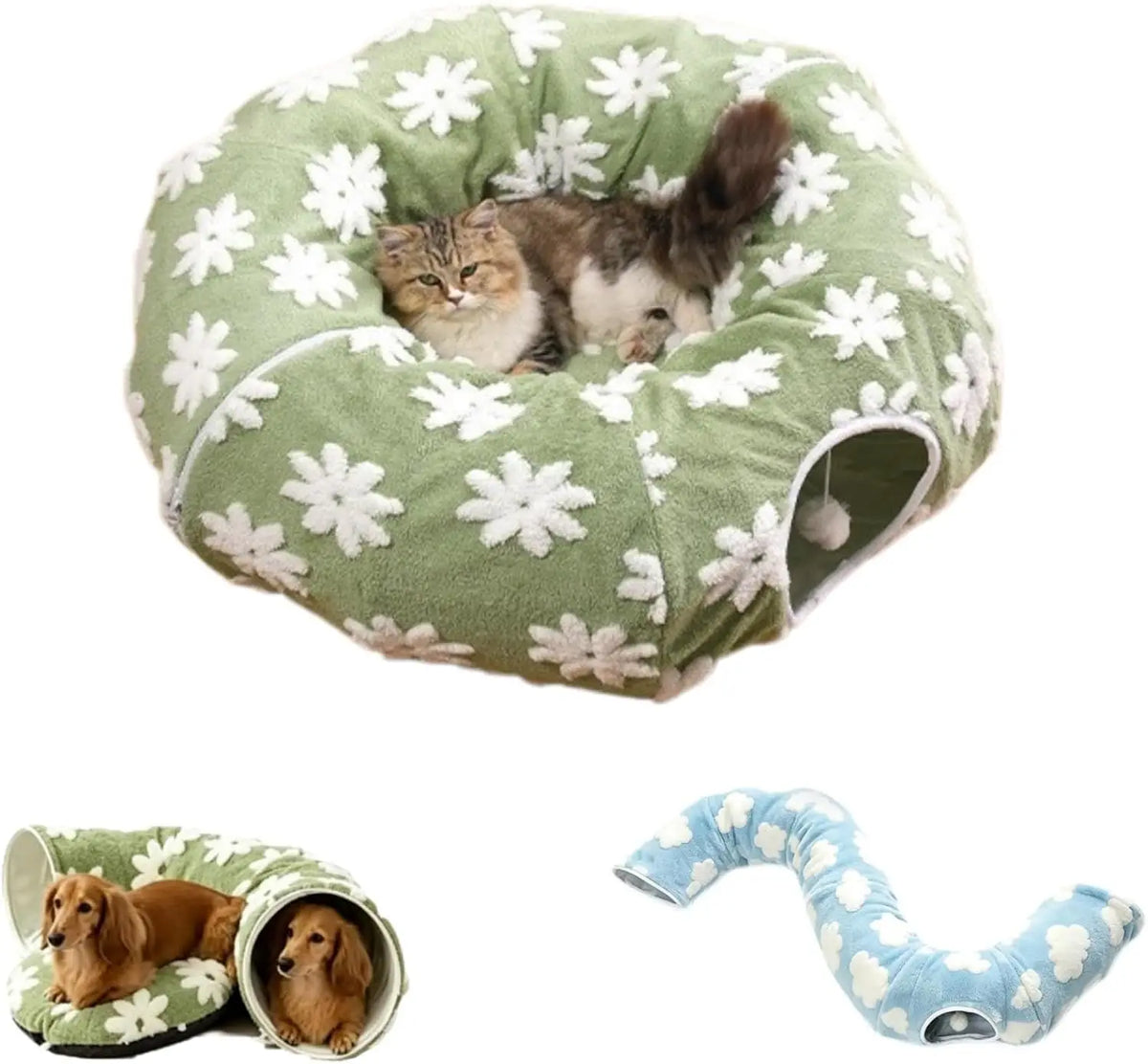 Flower Design Plush Foldable Dachshund Tunnel Dog Bed