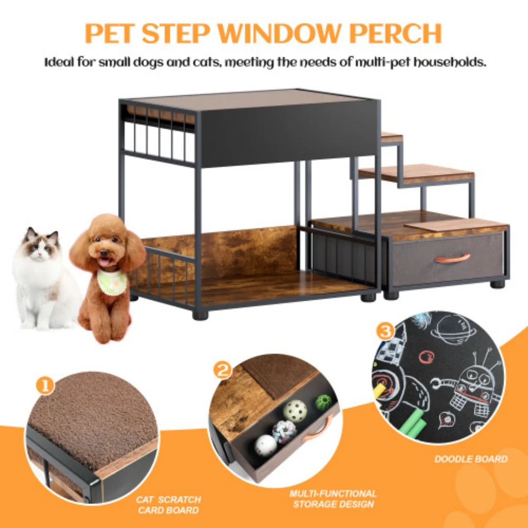 Elevated Multi Level Dog Bunk Bed With Vintage Wood Stairs