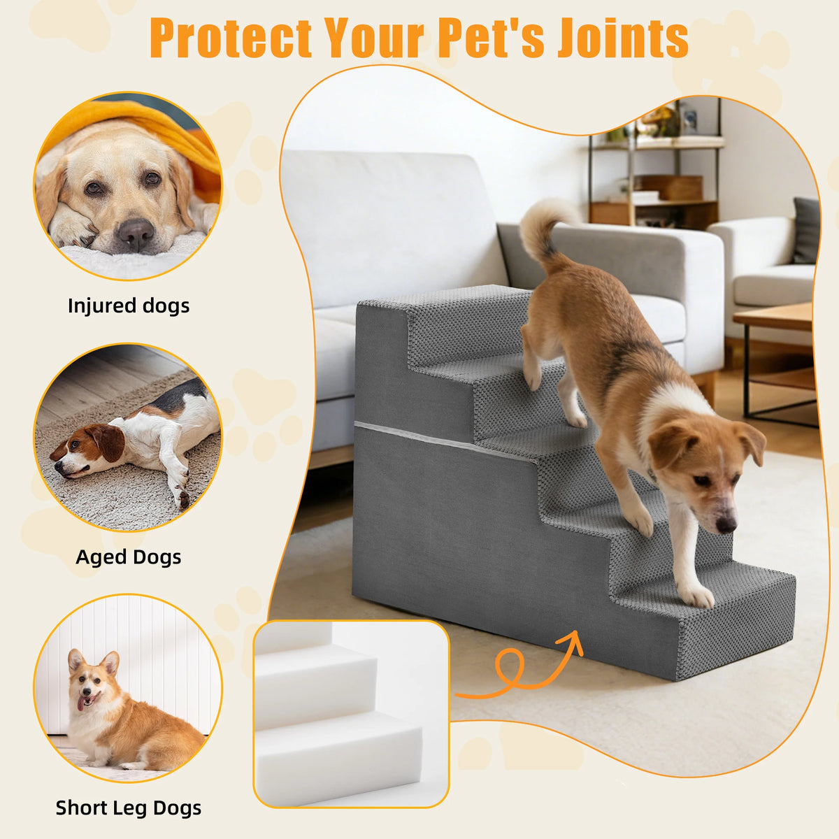 Non Slip Right Angled Foam Dog Stair Ramp Indoor