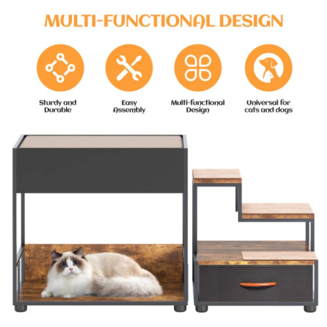 Elevated Multi Level Dog Bunk Bed With Vintage Wood Stairs
