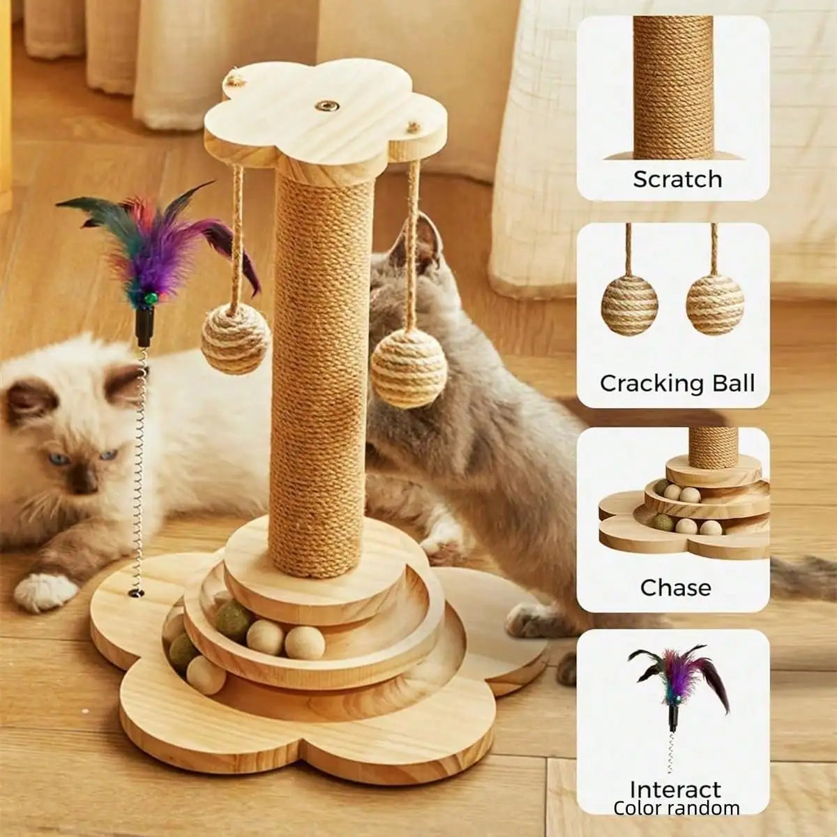 Indoor Interactive Bamboo Cat Scratching Post With Ball Tracks