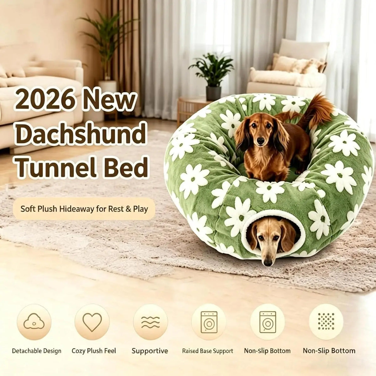 Flower Design Plush Foldable Dachshund Tunnel Dog Bed