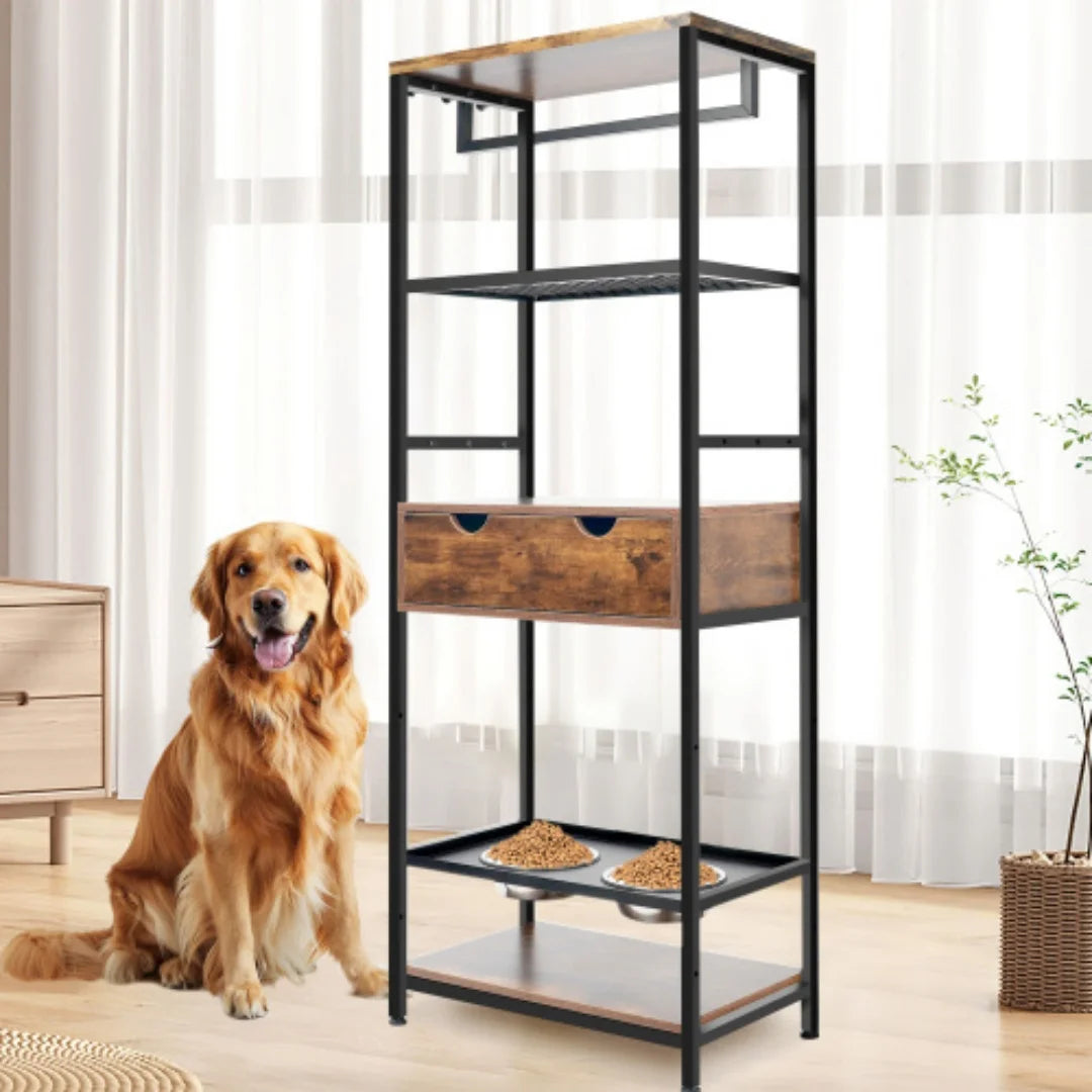 Elevated Dog Feeding Station With Storage Drawers And Shelves