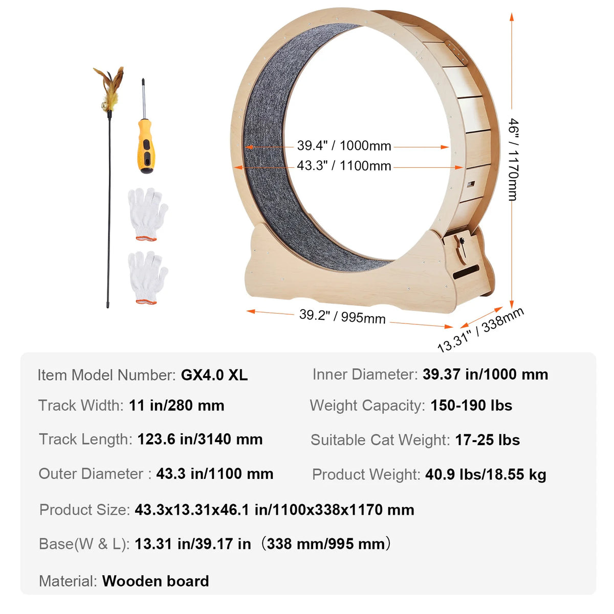 Wooden Cat Exercise Wheel With Detachable Carpet And Interactive Teaser